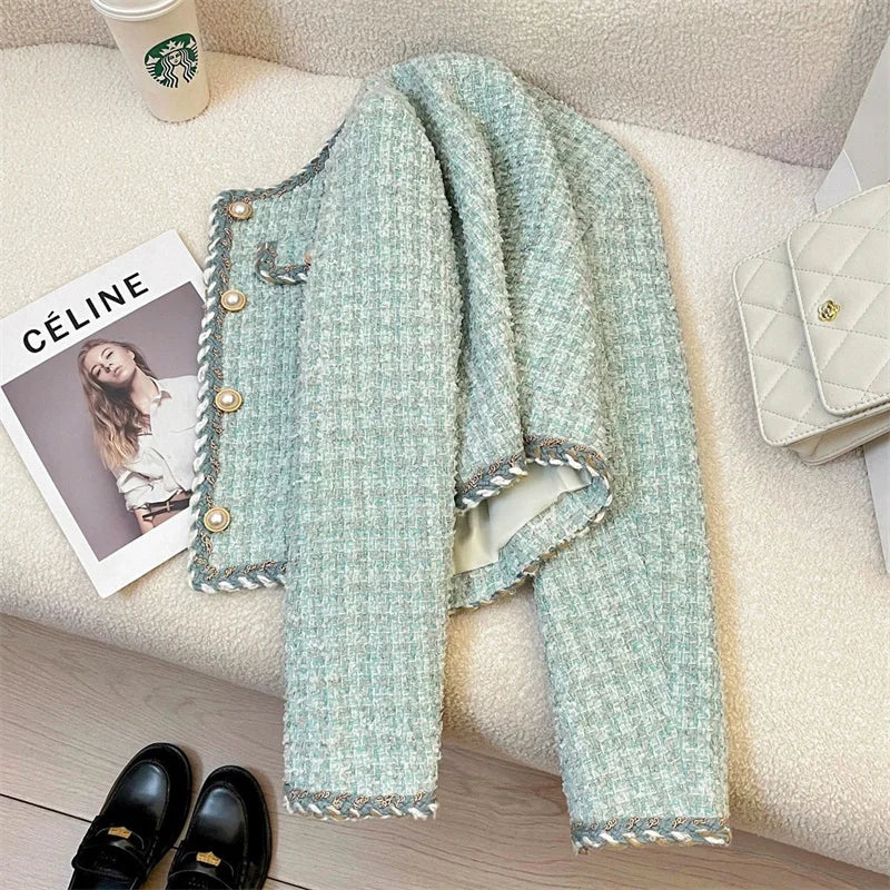 Women Elegant Tweed Jackets Chic O-neck Long Sleeve Tops New Autumn