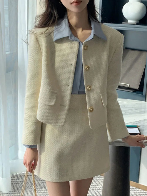 New Korean Fashion Tweed Two Piece Set For Women Autumn Winter Elegant