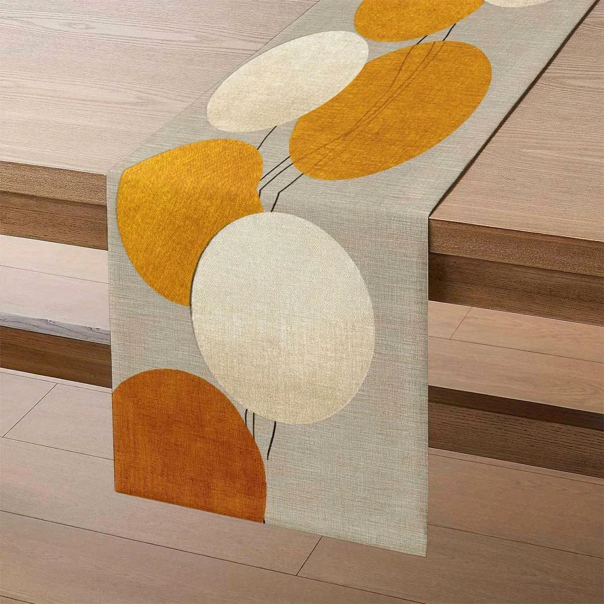 Beige Mustard Yellow White Table Runner, Modern Minimalist Circular Pattern Linen Tablecloth for Dining Room, Kitchen & Office Decor