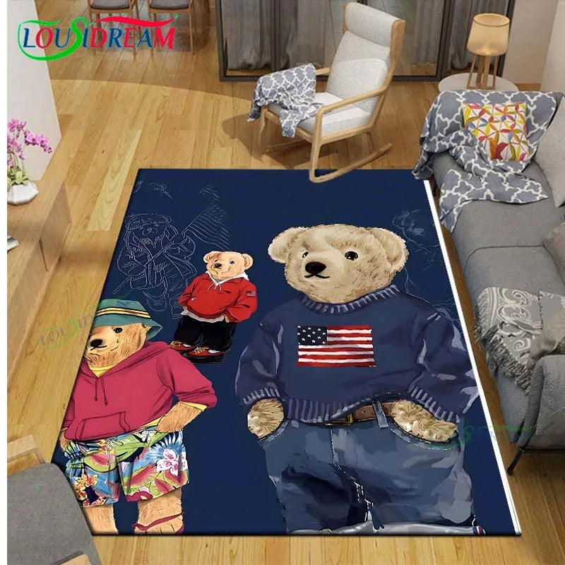 Cute Bear Cartoon Area Rug, 3D Printed Polyester Crystal Velvet Carpet with Non-Woven Backing, Kids Bedroom & Living Room Mat for Playroom, Home & Decor