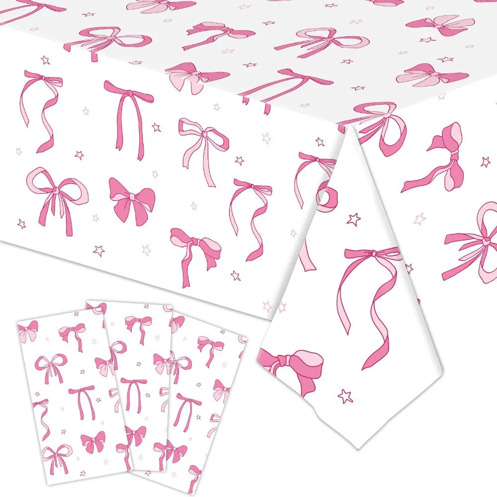Cute Bow Birthday Tablecloth 137×274cm, Disposable Waterproof Plastic Table Cover for Birthday Party, Baby Shower, Wedding & Celebration Dining Table Decor