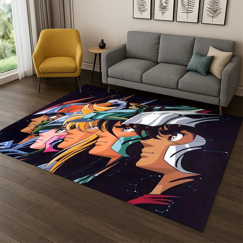 Saint Seiya Anime Rug, Retro Cartoon Polyester Flannel Carpet with PVC Anti-Slip Backing, Tufted Floor Mat for Kids’ Playroom, Bedroom, Living Room & Home Decor