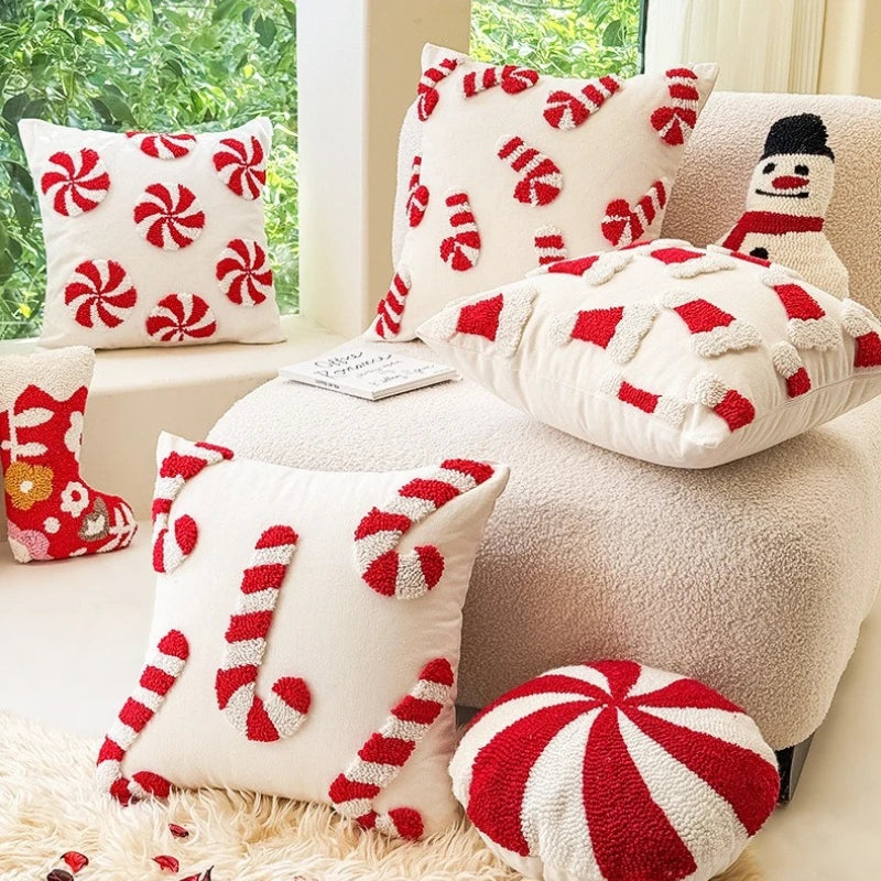 Christmas Tufted Cushion Cover 45×45cm, Red & White 3D Candy Cane & Santa Hat Embroidered Pillowcase, Festive Holiday Throw Pillow Cover for Sofa, Chair, Car & Home Decor