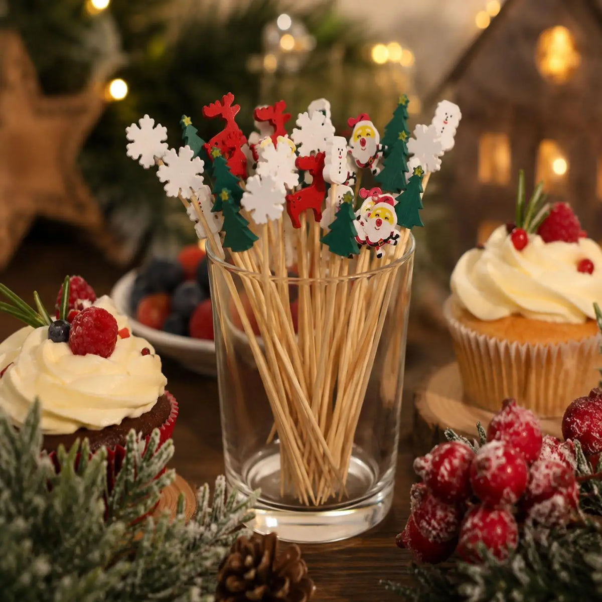 Christmas Wooden Toothpicks 100pcs/Pack, Santa Claus, Snowflake & Reindeer Cocktail Picks, Bamboo Food Picks for Cupcakes, Desserts, Drinks & Holiday Party Table Decor