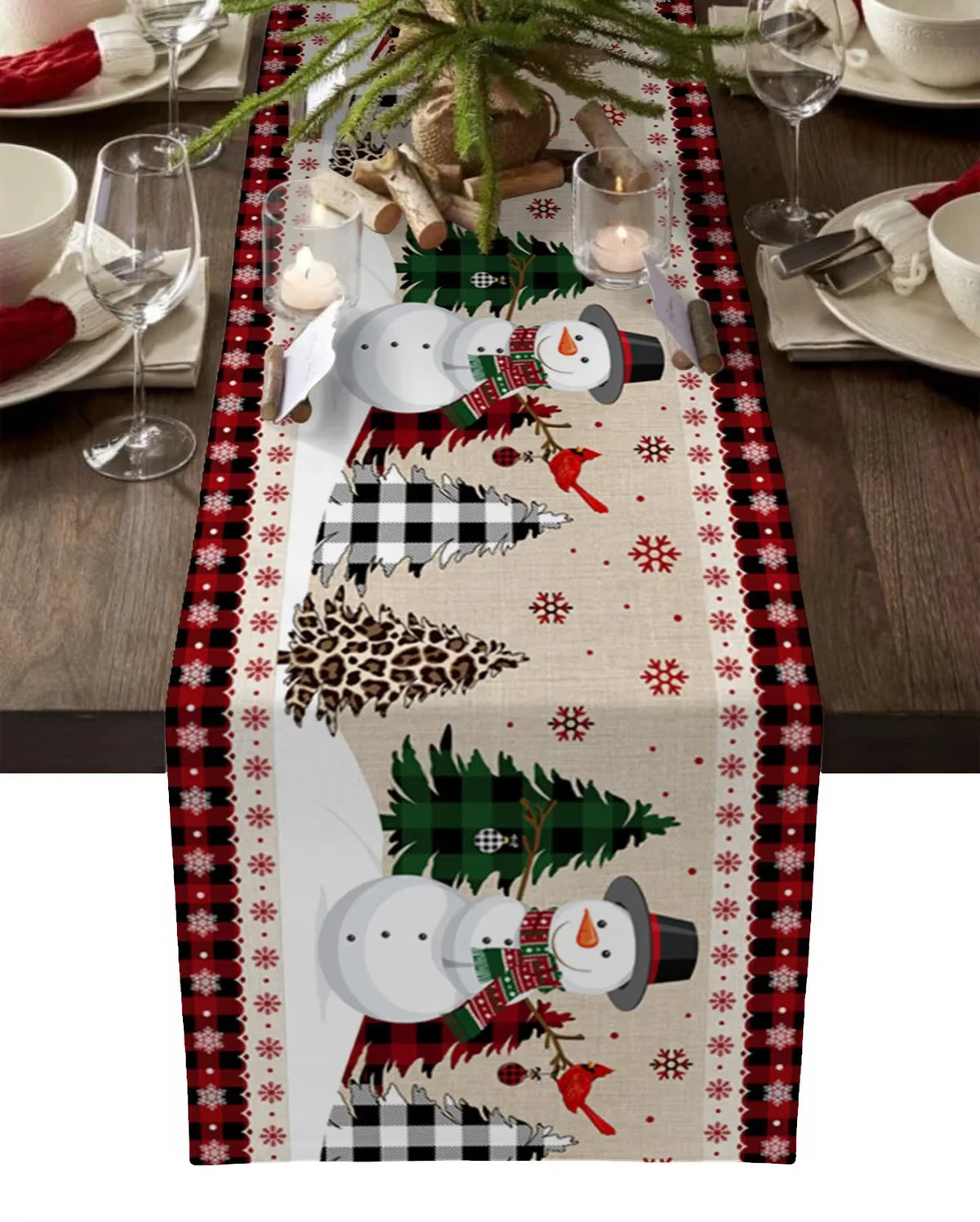 Christmas Plaid Table Runner with Snowflake & Ornament Design, Merry Christmas Holiday Table Decor, Festive Polyester Dining Table Accent for Home, Party & Winter Decor