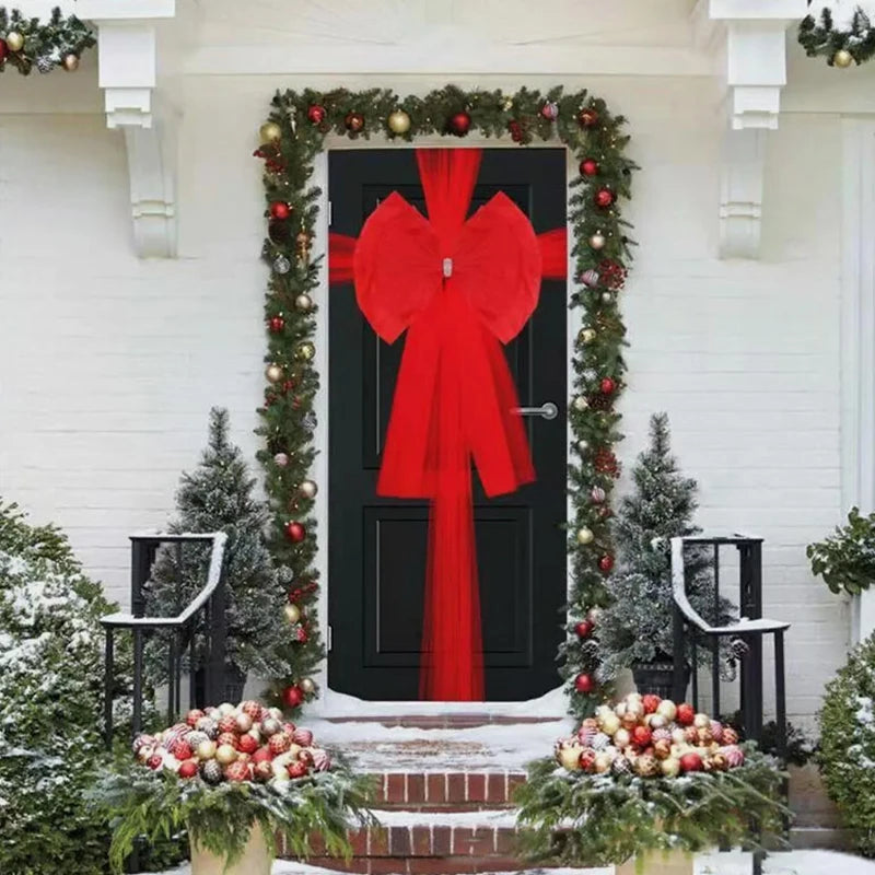 Christmas Door Bow Garland with Red Extra Large Bow & Mesh Ribbon, 60×80cm Holiday Front Door Decoration with Acrylic Diamond Details for Wedding, Party & New Year Decor