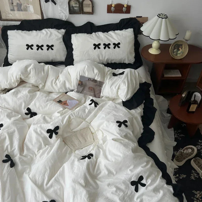 Black Bow Cotton Bedding Set – Princess Style Washed Cotton Duvet Cover with Embroidered Bow, Flat Sheet & Pillowcases