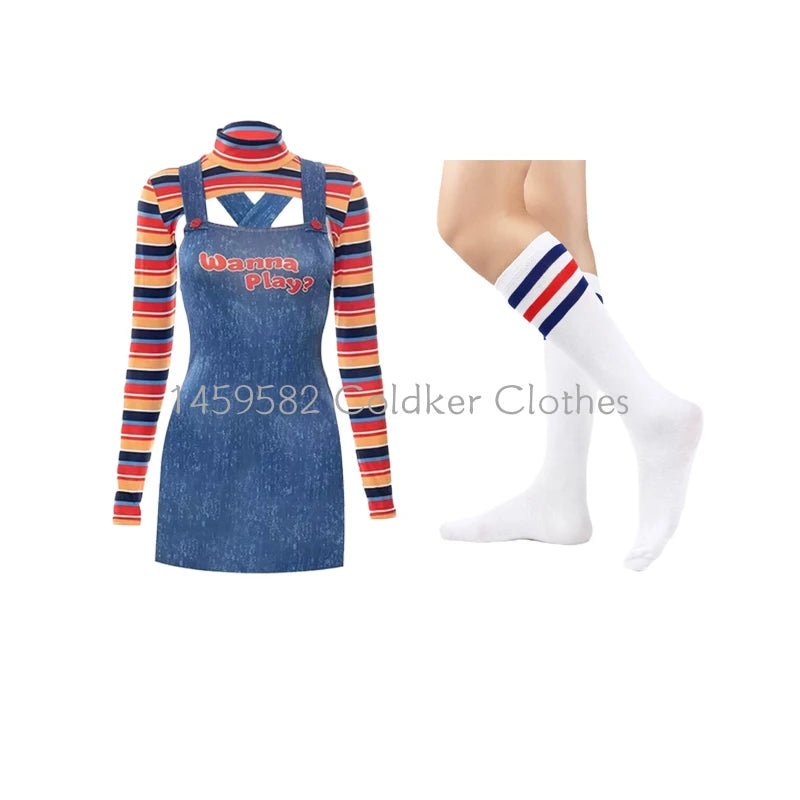 Halloween Costumes for Women Scary Nightmare Killer Doll Wanna Play Movie Character Chucky Doll Costume With Stockings