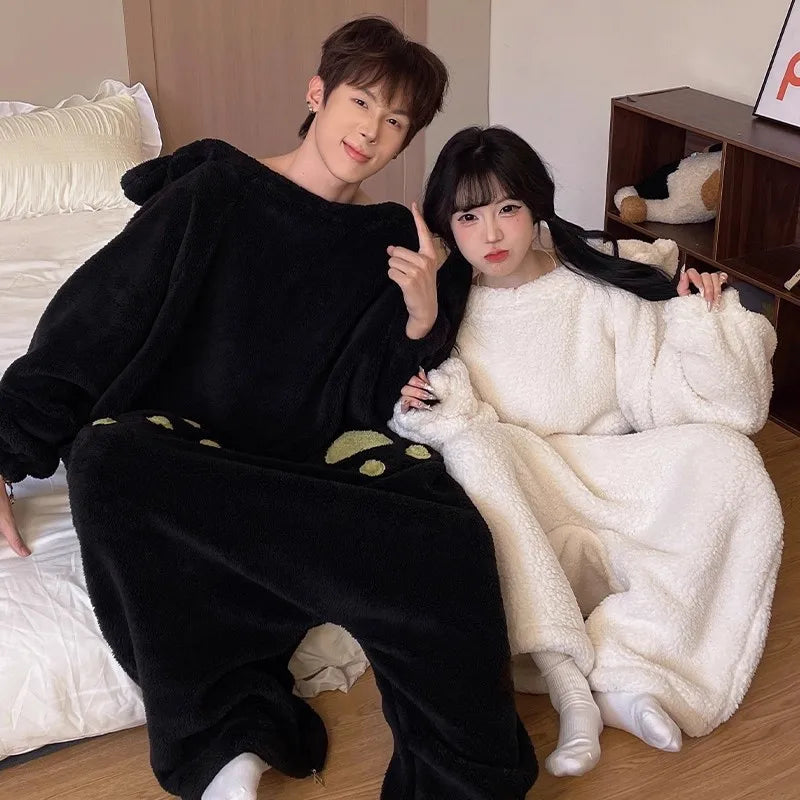 Cartoon Couples Matching Thiened Coral Fce Pajamas Spwear Women's Long Sve Hooded Home Clothes Warm Flannel Onesize Cos Costumes