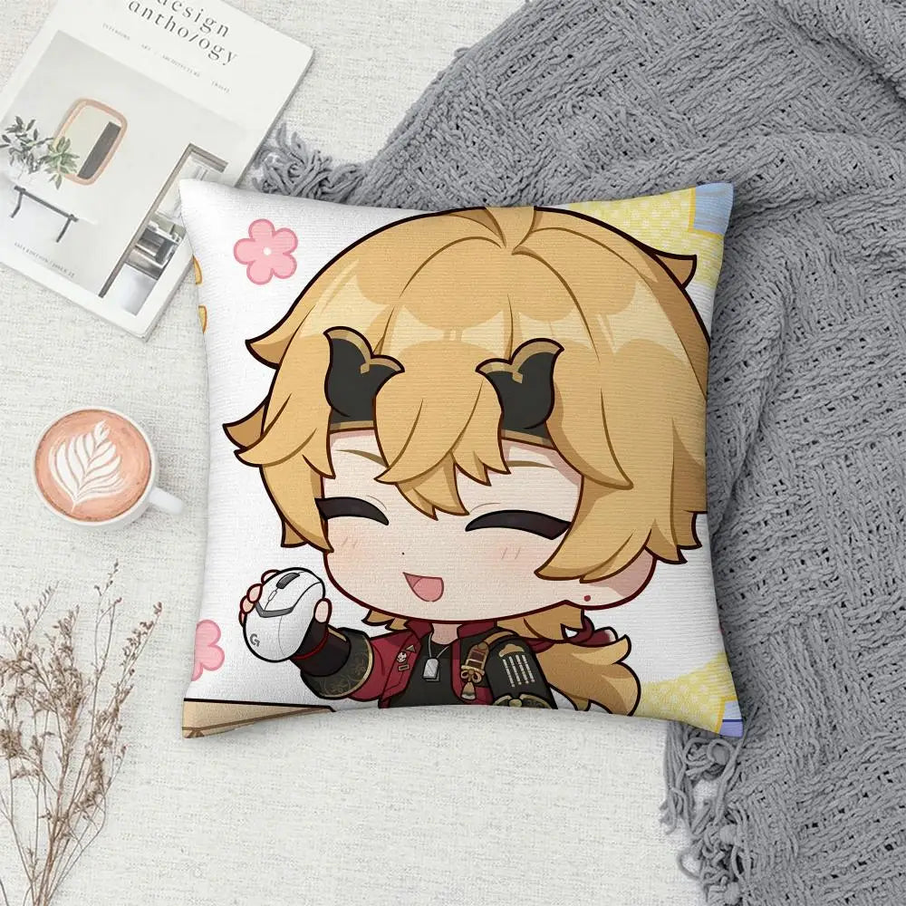 Thoma Genshin Impact Cushion Cover 40×40cm, Cute Anime Game Pillowcase with Double-Sided Print & Invisible Zipper, Soft Polyester Short Plush Sofa Pillow for Bedroom & Living Room Decor