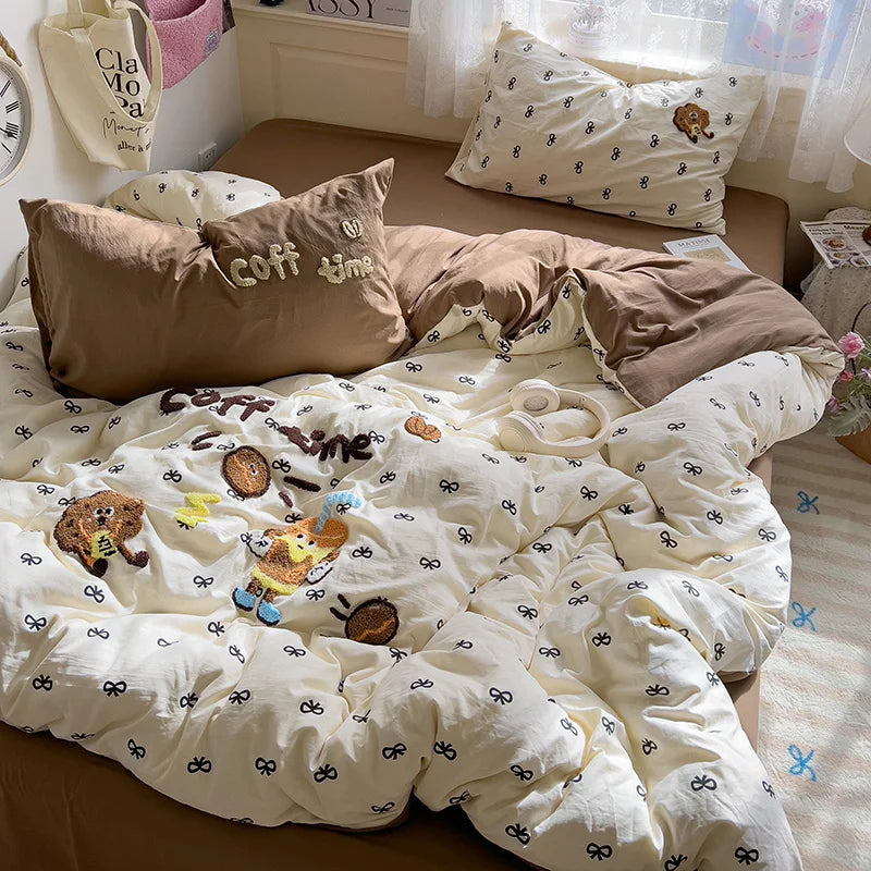 Cute Cartoon Animal Embroidery Bedding Set – 4-Piece Washed Polyester Jacquard Duvet Cover, Flat or Fitted Sheet & Pillowcases