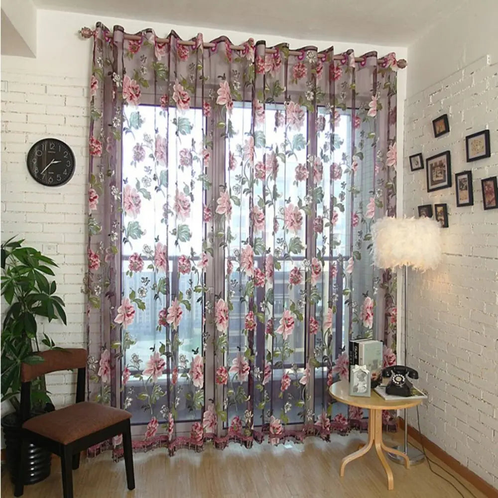 Floral Peony Sheer Tulle Curtains, 3D Embroidered Polyester Voile Window Curtain, Elegant Translucent Drapes for Living Room, Bedroom, Hotel & Home Decor