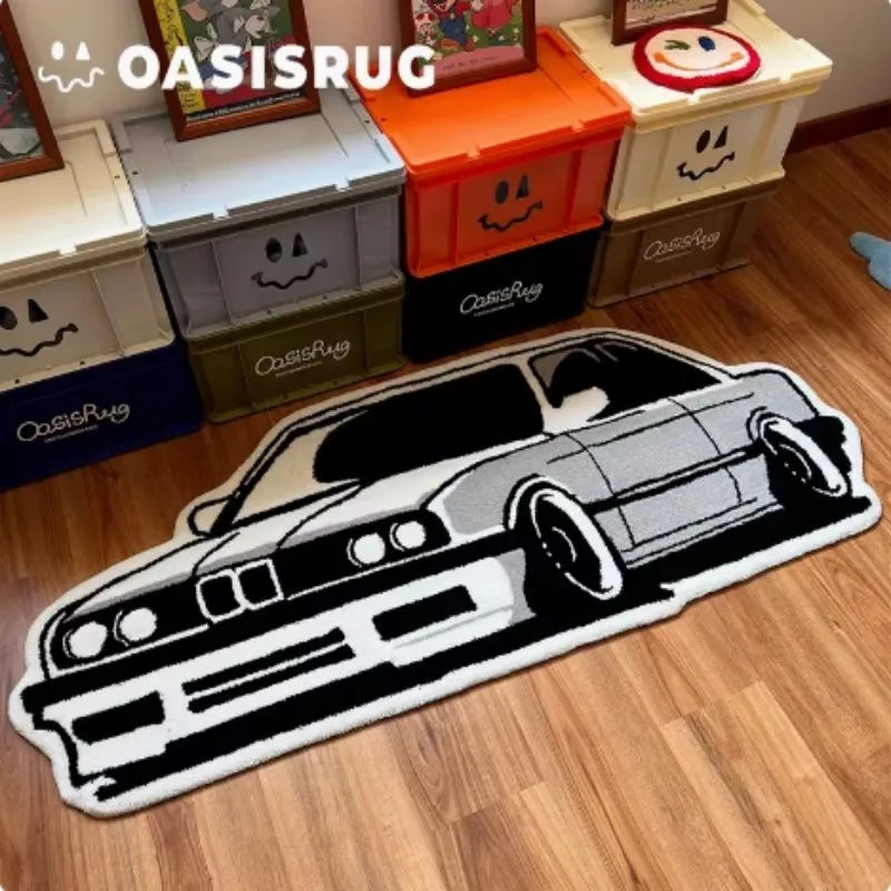 Retro Cartoon Car Area Rug, Personalized Polyester Carpet with Non-Slip & Water-Resistant Design, Soft Absorbent Mat for Bedroom, Gaming Room, Living Room & Bathroom