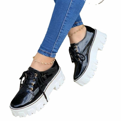 Women's Platform Oxford Shoes – Chunky Thick Heel Lace-Up Dress Shoes in Black, Red & Pink