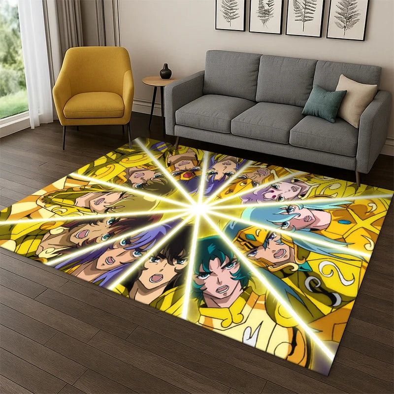 Saint Seiya Anime Rug, Retro Cartoon Polyester Flannel Carpet with PVC Anti-Slip Backing, Tufted Floor Mat for Kids’ Playroom, Bedroom, Living Room & Home Decor
