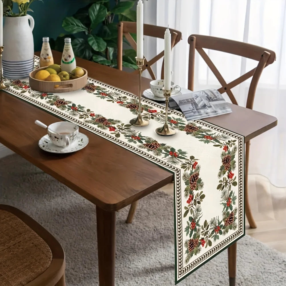 Farmhouse Rustic Christmas Table Runner, Green Pinecones & Red Berries with Gold Accents, 100% Linen Holiday Dining Table Decor for Indoor & Outdoor Use