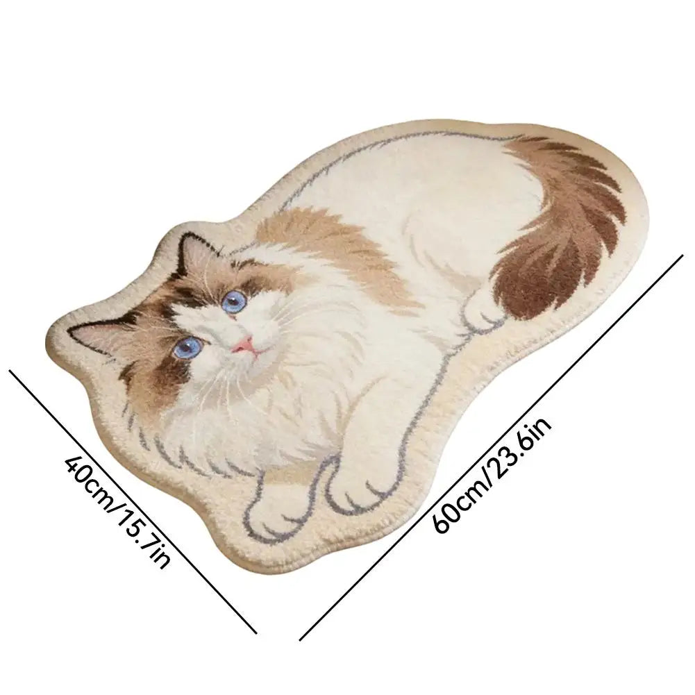 Cute Cat Shaped Rug 40×60cm, Irregular Plush Polyester Floor Mat with PP Backing, Soft Animal Carpet for Bedroom, Bathroom, Living Room & Cat Lovers
