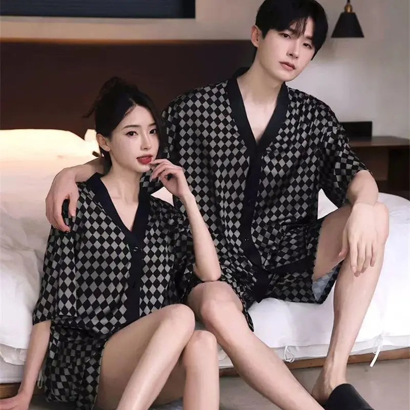 2026 Spring Autumn Fashion Square Couple Ice Silk Pajamas Women Short Sleeve Pants Two Piece Set Nightgown Sleepwear Homesuit