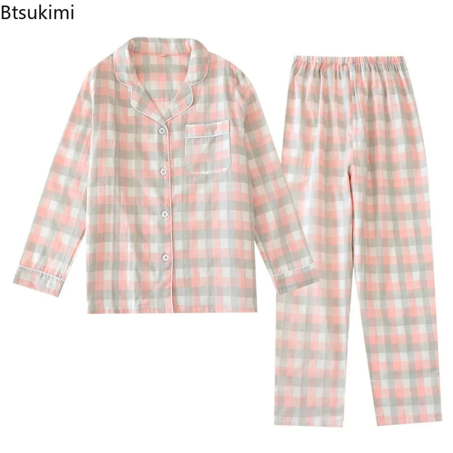 Couple's 100% Cotton Pajamas Two-piece Set Long Sleeved Pants Simple Plaid Print Pajamas Homewear Sleepwear for Women and Men