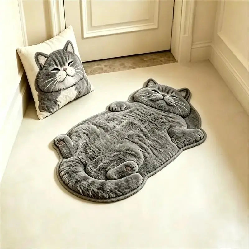 Cat-Shaped Area Rug, Cute Cartoon Crystal Velvet Floor Mat with Suede Backing, Soft Absorbent Decorative Carpet for Bedroom, Living Room, Kids’ Room & Entryway