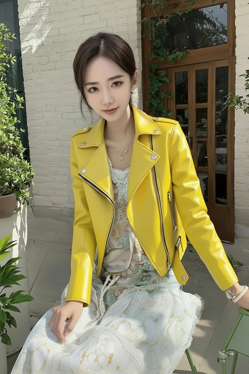 100% Women's Short PU Leather Motorcycle Jacket – Korean-Inspired Slim-Fit Jacket for Spring & Autumn