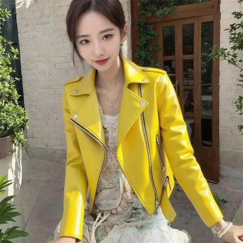 100% Women's Short PU Leather Motorcycle Jacket – Korean-Inspired Slim-Fit Jacket for Spring & Autumn