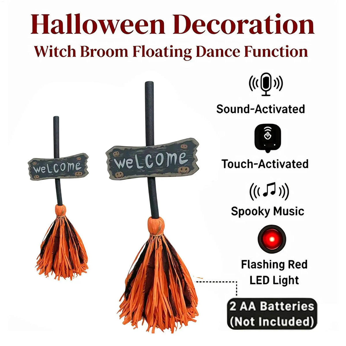 Animated Witch Broom Halloween Decor Motion Sensor Light Up Floating Moving Prop Spooky Dancing Decoration for Haunted House