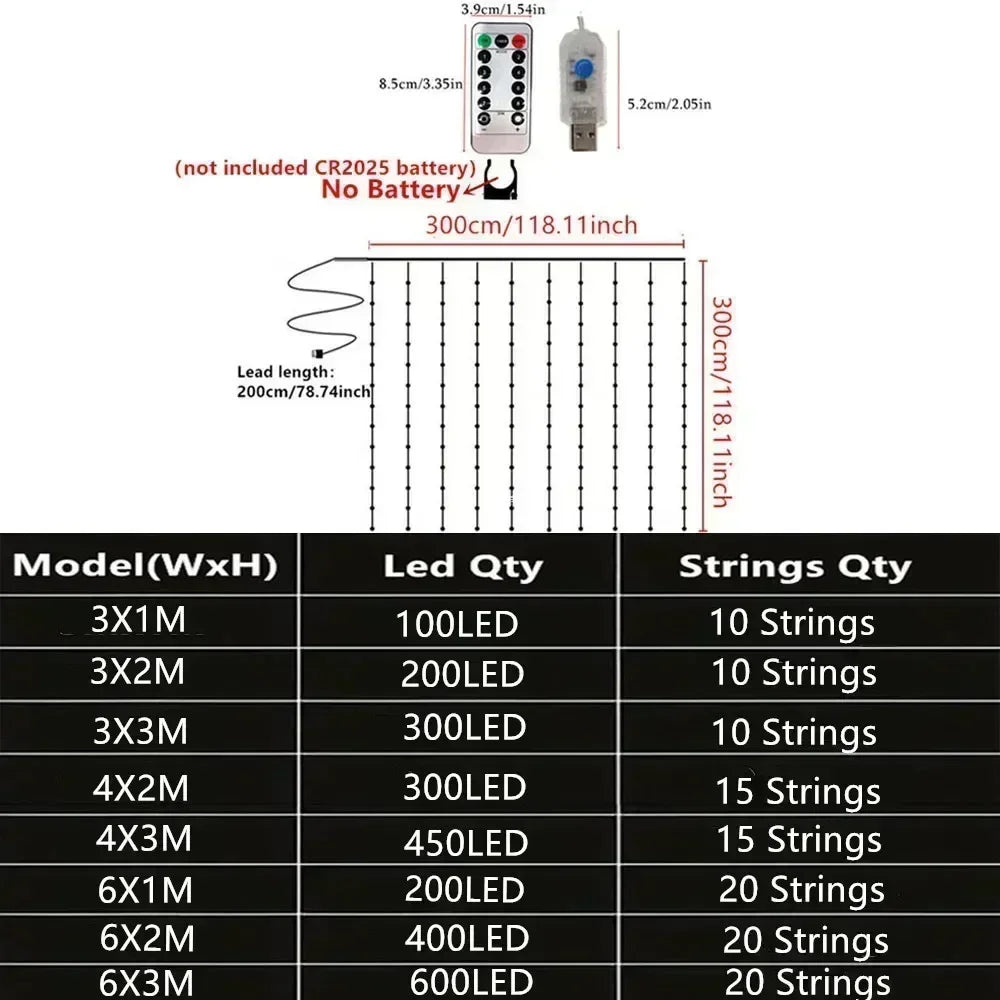 USB LED Curtain Lights with Remote, Christmas & New Year Fairy Garland Lights, 3×1M–6×3M Window String Lights, Multicolor & Warm White Holiday Decor for Home & Party