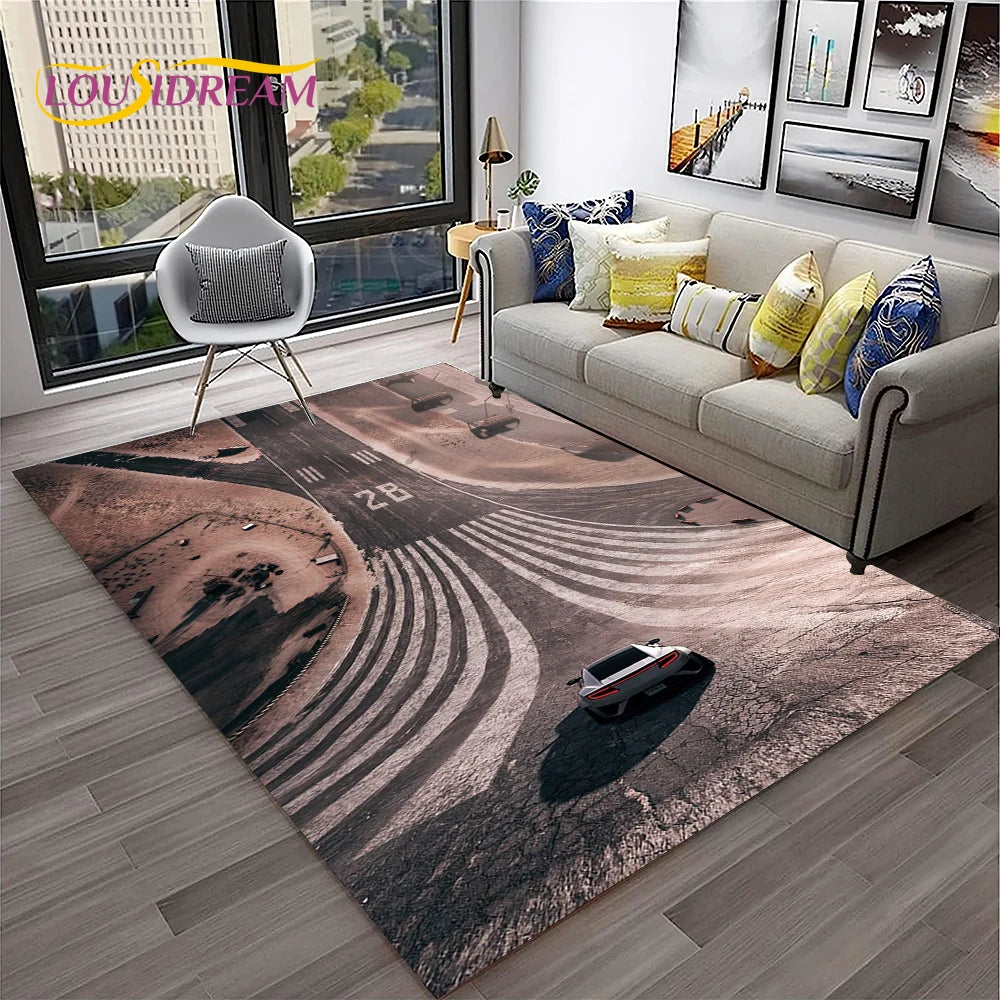 Sports Car Racing Rug, 3D Printed Cartoon Polyester Crystal Velvet Carpet with Non-Woven Backing, Kids Playroom Floor Mat for Bedroom, Living Room & Home Decor