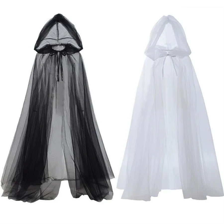 Halloween  cosplay - ghost costume with hooded cloak, death god witch net-like long dress, full-length performance outfit