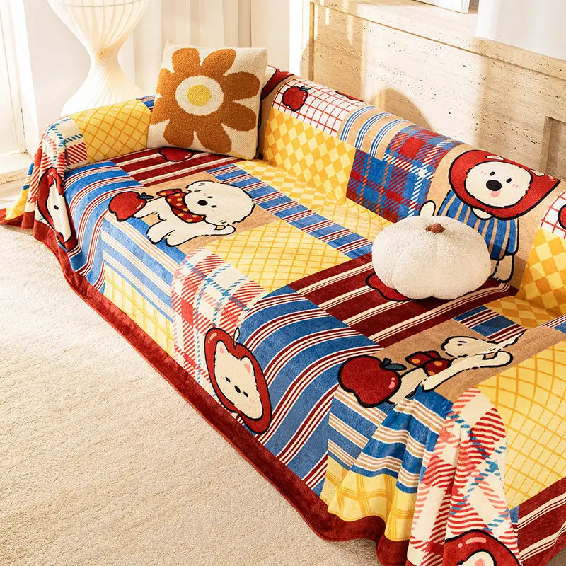 Cute Cartoon Sofa Cover for Fall & Winter, Thickened 100% Polyester Sofa Throw Blanket with Anti-Slip Design, Soft Couch Cover for Loveseat, Recliner, Futon & Modular Sofa