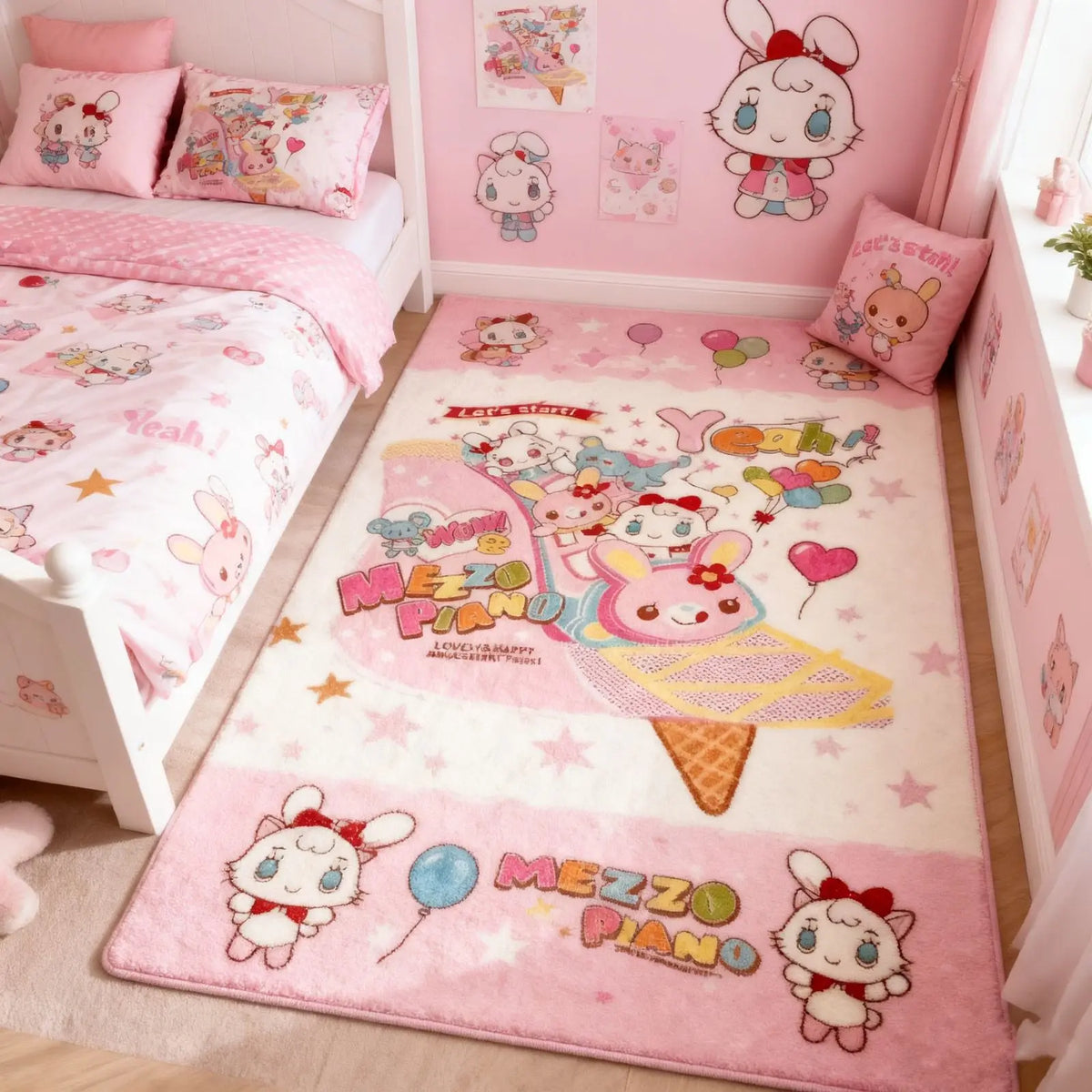 Japanese Cartoon Plush Bedside Rug, Soft Polyester Floor Mat for Bedroom, Living Room, Sofa & Coffee Table, Cute All-Season Home Decor Carpet
