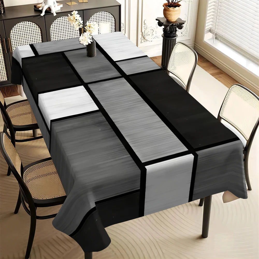Black & White Geometric Print Tablecloth, Reusable 100% Polyester Dining Table Cover, Modern Rectangular & Square Table Linen for Wedding, Party, Christmas & Home Decor