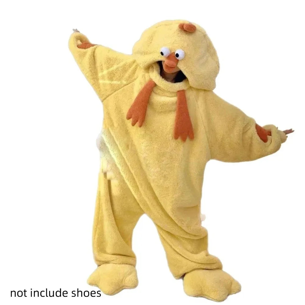 Kawaii Jumpsuits Cartoon Chicken Pajamas Funny Home Wear Coral Fleece Nightwear Warm Long Sleeve Cute Sleepwear Women Home