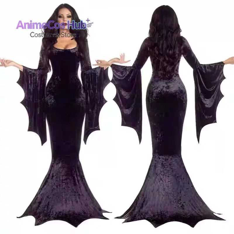 Halloween Bat Witch Ghost Bride Costume Gothic Witch Vampire Masquerade Long Dress Performance Costume Carnival Party Dress