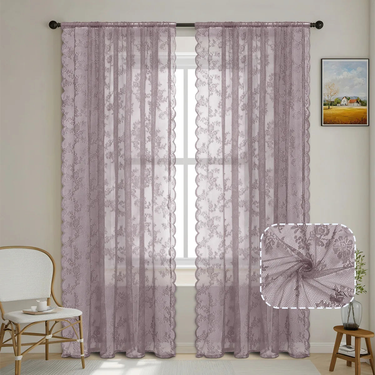 Floral Lace Curtains 1–2 Panels, Botanical Embroidered Semi-Sheer Window Curtains with Scalloped Edge, Vintage Romantic Decor for Living Room, Bedroom & Bay Window