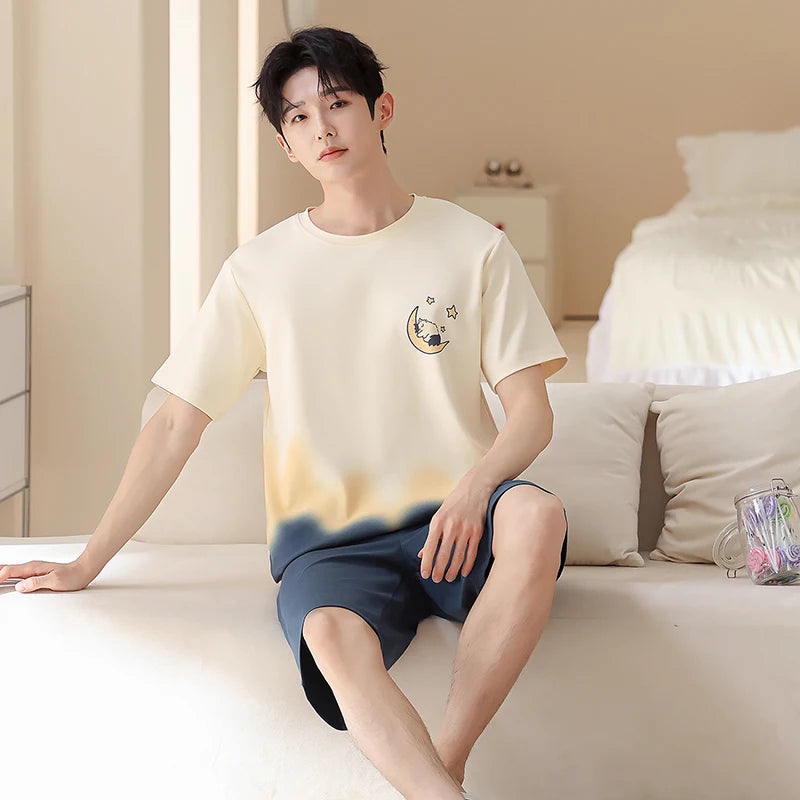 Newest Couple Pajamas Set Summer Short Sleeve Sleepwear 100% Cotton Men and Women Cute Cartoon Pijamas Women Nightgown