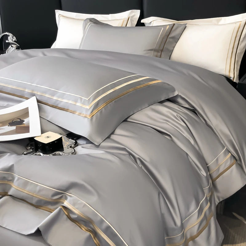 Luxury Gold Embroidered Cotton Duvet Cover Set – 4-Piece Hotel Style Bedding with Bed Sheet & Pillowcases, Grey