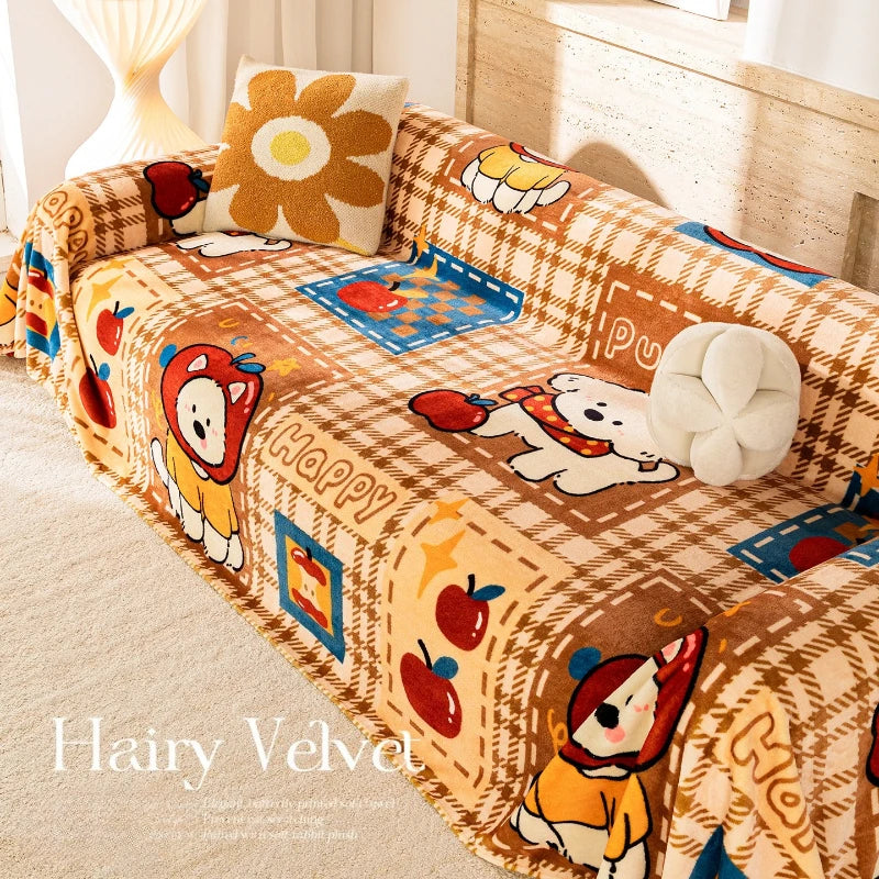 Cute Cartoon Sofa Cover for Fall & Winter, Thickened 100% Polyester Sofa Throw Blanket with Anti-Slip Design, Soft Couch Cover for Loveseat, Recliner, Futon & Modular Sofa