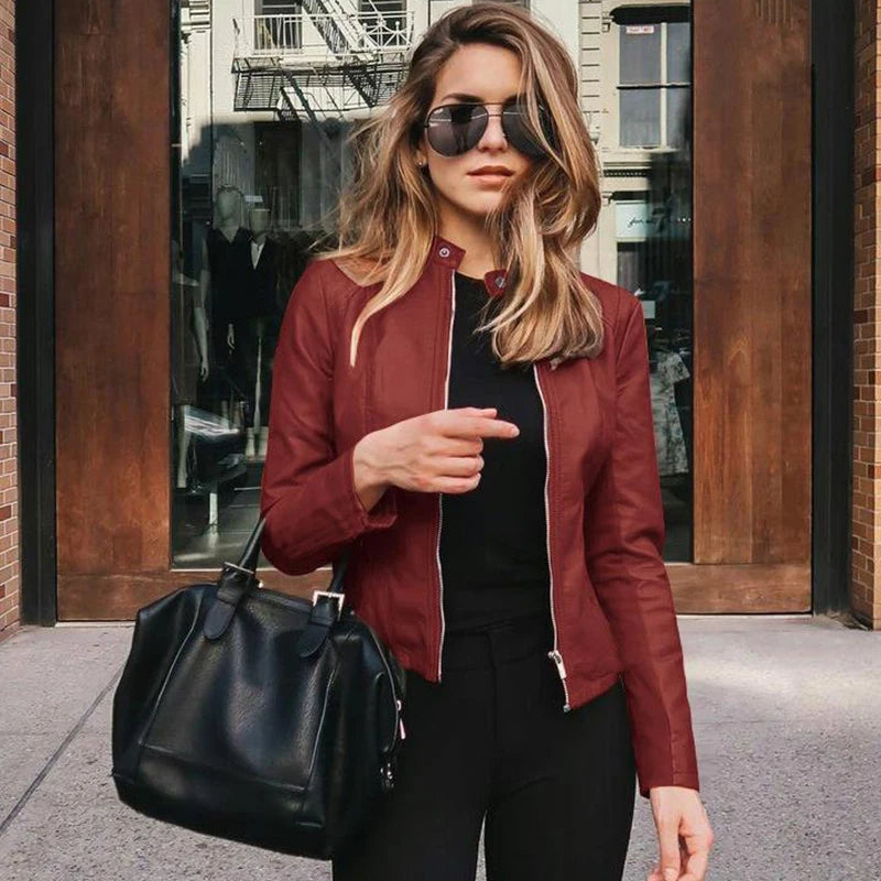 Women’s PU Leather Biker Jacket – Zipper Motorcycle Coat for Autumn & Winter