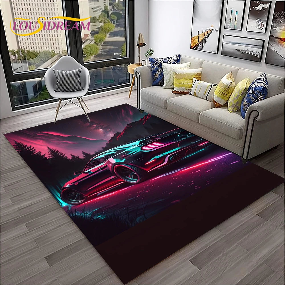 Sports Car Racing Rug, 3D Printed Cartoon Polyester Crystal Velvet Carpet with Non-Woven Backing, Kids Playroom Floor Mat for Bedroom, Living Room & Home Decor