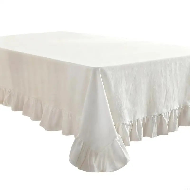 Ruffled Cotton Tablecloth, Nordic Farmhouse Rectangle Table Cover with Elegant Frilled Edge, Reusable Washable Dining Table Linen for Kitchen, Home & Holiday Decor