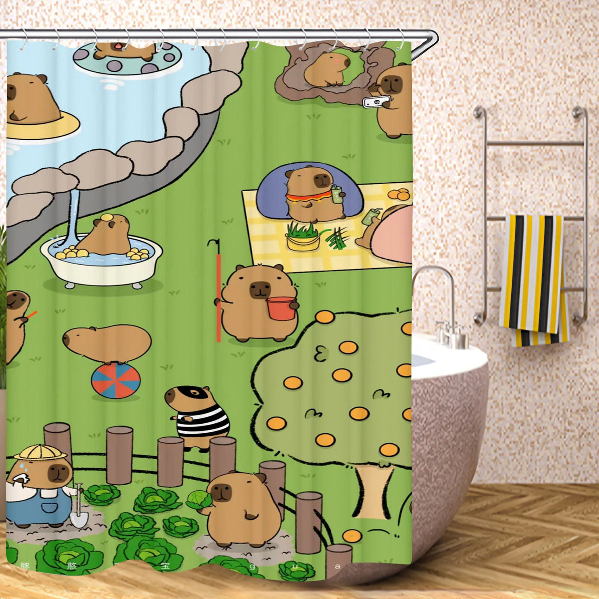 Cute Capybara Shower Curtain, Funny Cartoon Waterproof Bathroom Curtain with Plastic Hooks, 100% Polyester Mildew-Resistant Curtain for Modern Bathroom Decor