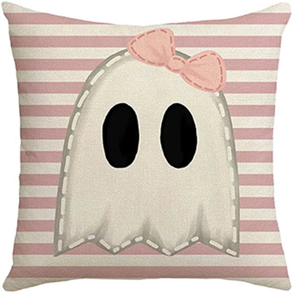 Pink Halloween Pillow Cover – Cute Ghost & Pumpkin Printed Cushion Case for Sofa, Couch & Bedroom, Spooky Holiday Decor Gift