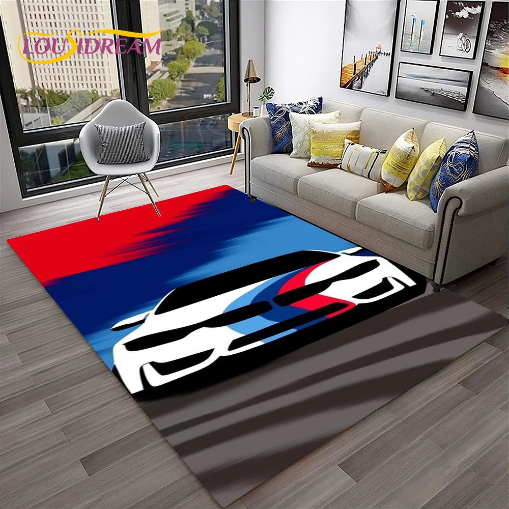 Sports Car Racing Rug, 3D Printed Cartoon Polyester Crystal Velvet Carpet with Non-Woven Backing, Kids Playroom Floor Mat for Bedroom, Living Room & Home Decor