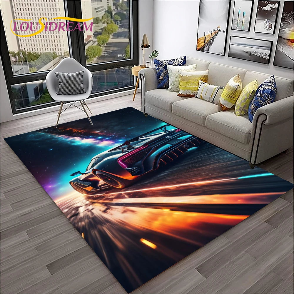 Sports Car Racing Rug, 3D Printed Cartoon Polyester Crystal Velvet Carpet with Non-Woven Backing, Kids Playroom Floor Mat for Bedroom, Living Room & Home Decor