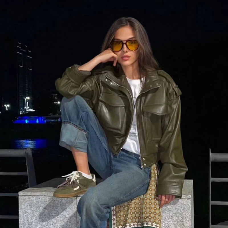 Women's Jacket Faux Leather Jacket Green Women's Demi-Season Jacket