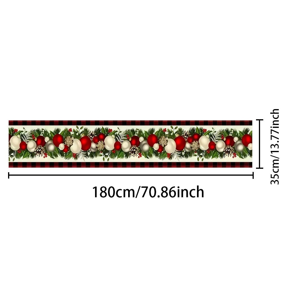 Christmas Table Runner 35×180cm, Red & Black Buffalo Plaid with Pine Cone, Berry, Pine Leaf & Christmas Ball Design, Polyester Holiday Table Decor