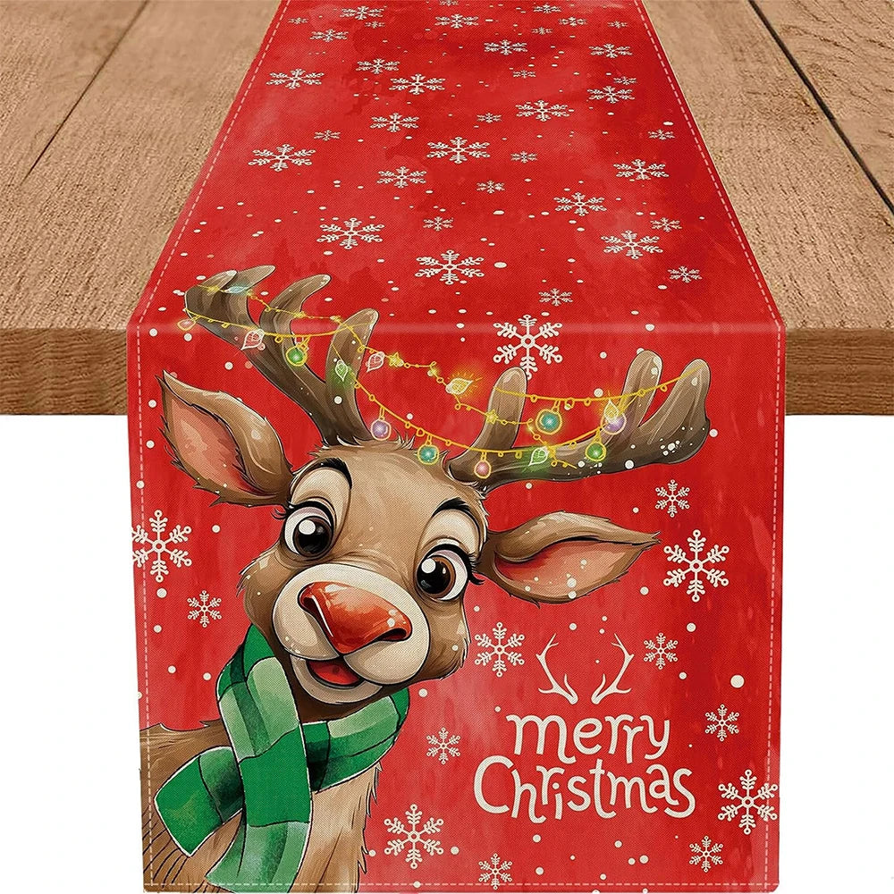 Christmas Table Runner with Santa & Snowman Design, Festive Holiday Dining Table Decor for Christmas & New Year, Cartoon Winter Table Cover for Home, Party & Celebration