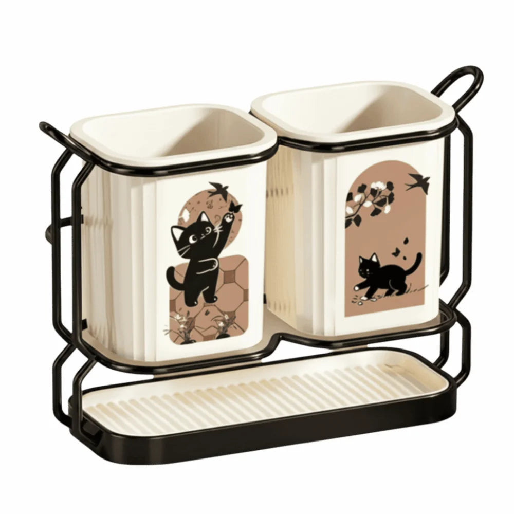 Cute Cat Kitchen Storage Basket Durable Organizer Cutlery Holder Standing No-drill Tableware Drainer Household